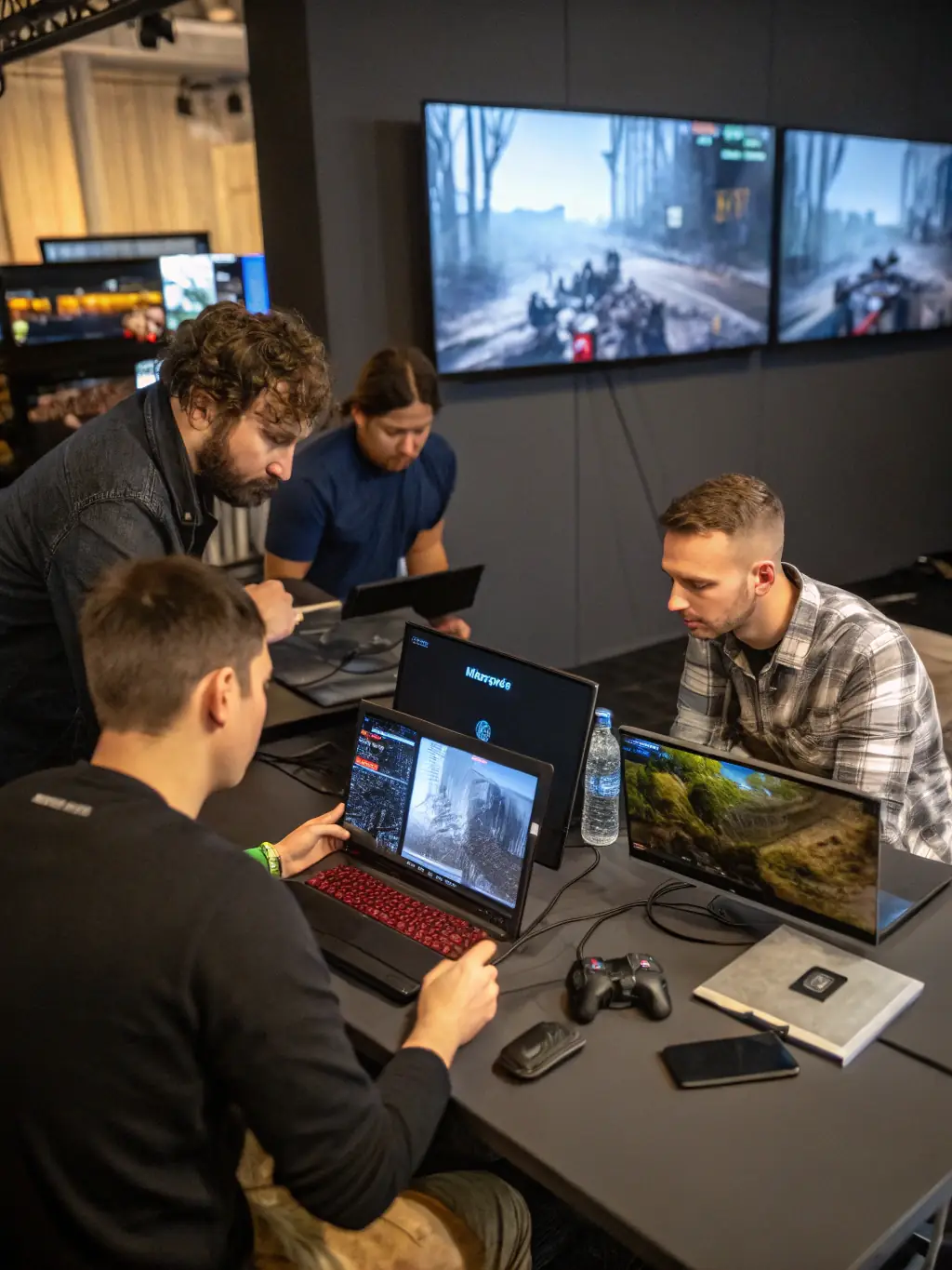 A photograph of Super Game Creators' QA team testing a mobile game on various devices, identifying and fixing bugs.
