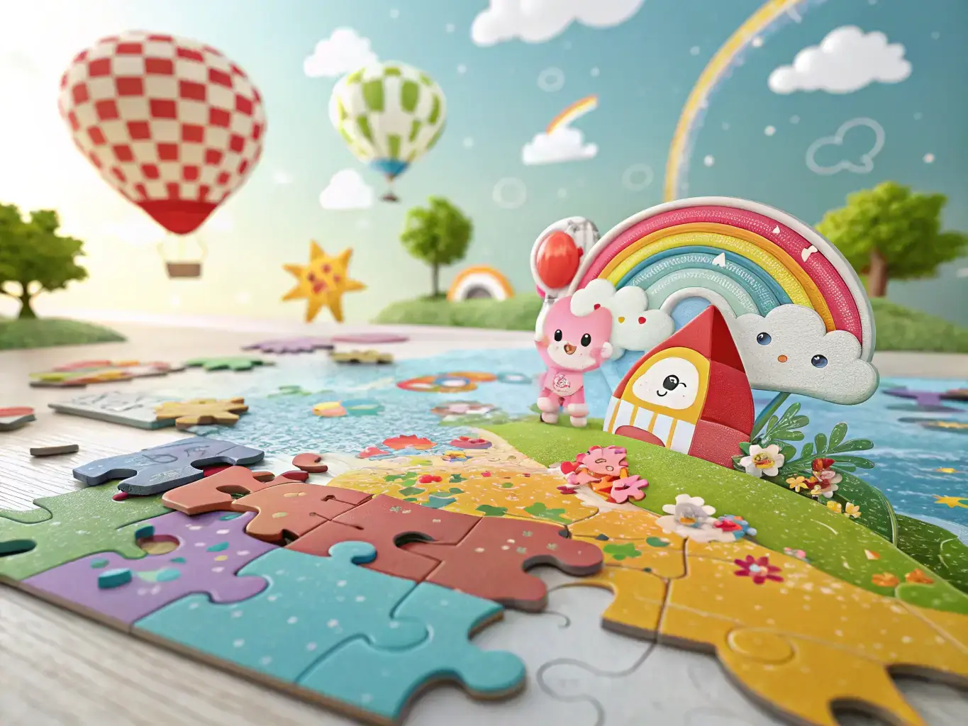 A colorful screenshot from Puzzle Paradise, displaying a variety of unique puzzle pieces and a tropical island background.