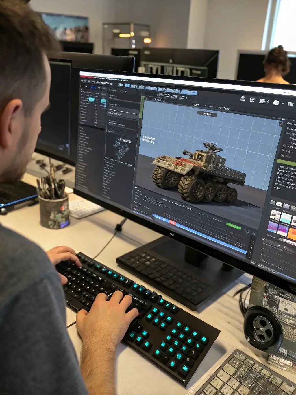 A screenshot from Super Game Creators' game engine, showcasing the level design process with various tools and assets.