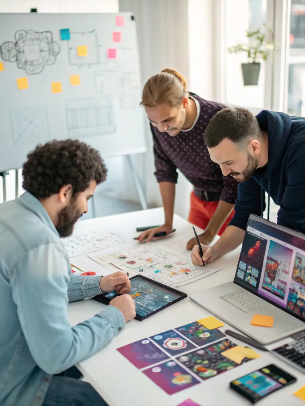 A digital painting depicting a brainstorming session at Super Game Creators, with team members sketching ideas on a whiteboard and discussing game concepts.