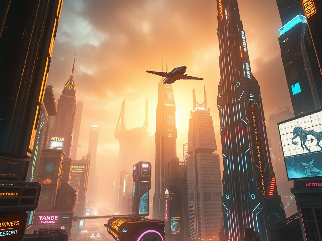 A futuristic cityscape with flying vehicles and neon lights, representing a game in development.